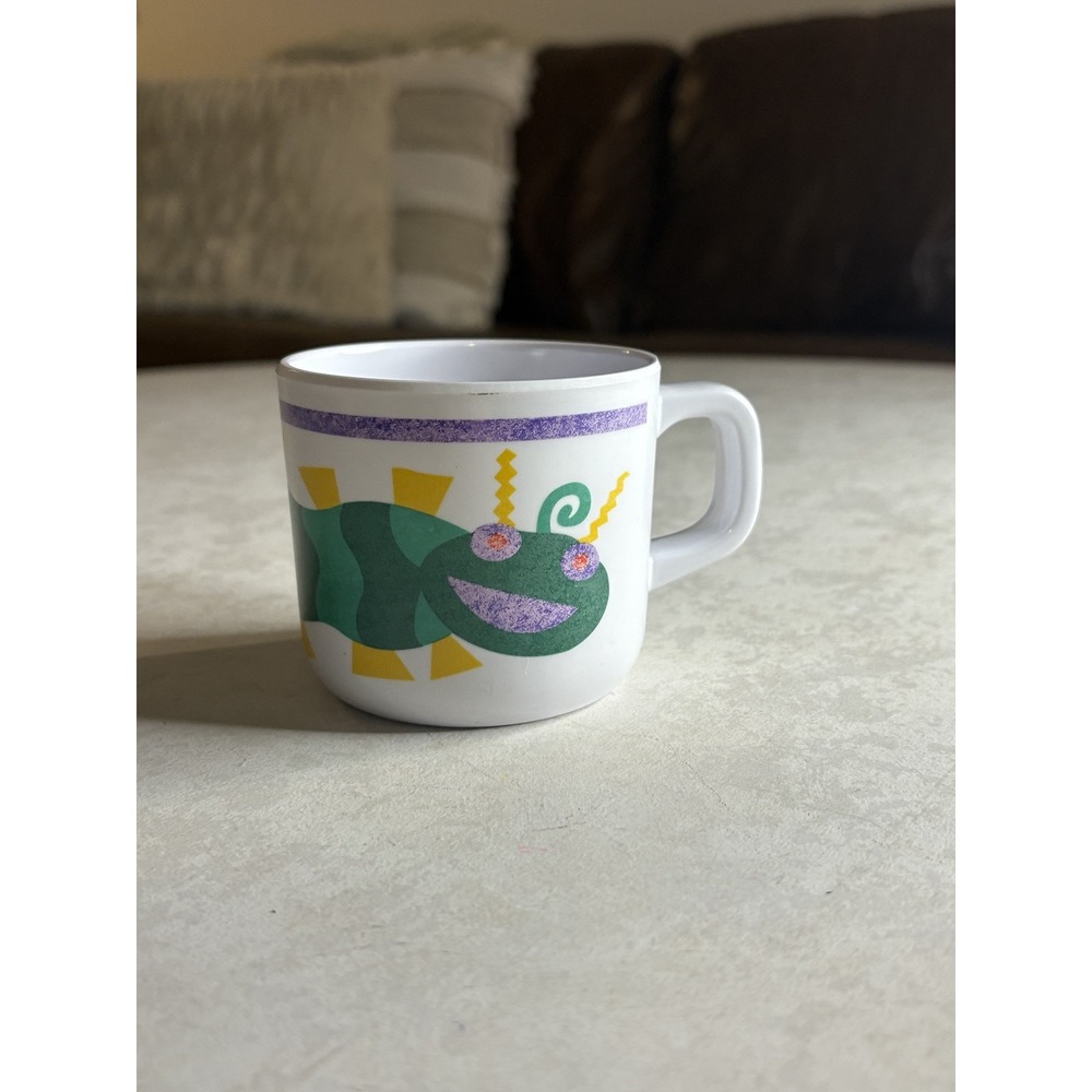 Vintage Kids Plastic Mug Green Caterpillar Bug Graphic White Cup 90s Style